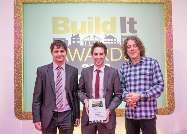 Build It Awards. Alan Davies presents Best Eco Product award to Richard Kinloch for the unique Hi-Therm sustainability Lintel